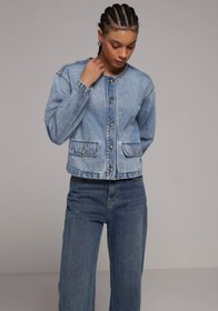 Resim Regular Fit Düğmeli Astarsız Kadın Mid İndigo Denim Ceket 