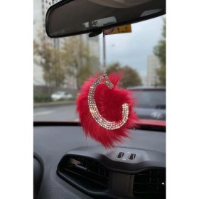 Resim Swarovski Gümüş Taşlı Dikiz Ayna Kolye Süsü Kırmızı Tüylü C Harfi 