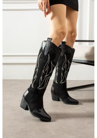Resim Shoetek Alvest Kadın Kovboy Çizme Dikiş Desenli Siyah Süet/siyah Deri Siyah 