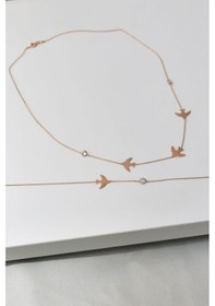 Resim Papatya Silver 925 Ayar Gümüş Rose Kaplama Taşlı Kırlangıç Kolye Bileklik Set 