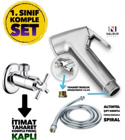 Resim Nalbur Bakkal Krom Paslanmaz Taharetmatik Wc Matik Set çift Kenetli spiral Hortum 