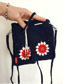 Resim Kemzey Handmade Çiçekli Telefon Çantası, Motifli Tığ İşi Telefonluk, El Yapımı Telefon Kılıfları Kırmızı - Lacivert 