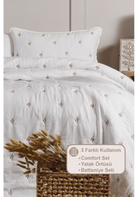 Resim Elart Larissa Yatak Örtüsü Seti Çift Kişilik Nakışlı 220x240 Cm Bej Bej 