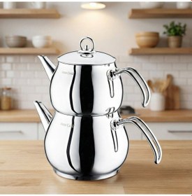 Resim Küre Orta Boy Çelik Kulplu Çaydanlık Takımı Çelik 