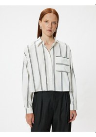 Resim Koton Crop Poplin Gömlek Uzun Kollu Cep Detaylı Pamuklu Siyah Çizgili 5wak60120uw Siyah Çizgili 