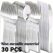 Resim 30 Parça Gümüş Renkli Plastik Çatal Bıçak Takımı, 10'ar Adet Basit Bıçak, Çatal ve Kaşık, Yeniden Kullanılabilir Ev Mutfağı Düğün & Doğum Günleri için Kaliteli Sağlam Sofra Malzemesi 