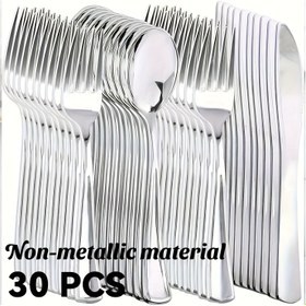 Resim 30 Parça Gümüş Renkli Plastik Çatal Bıçak Takımı, 10'ar Adet Basit Bıçak, Çatal ve Kaşık, Yeniden Kullanılabilir Ev Mutfağı Düğün & Doğum Günleri için Kaliteli Sağlam Sofra Malzemesi 