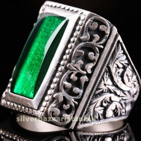 Resim 925 Sterling Silver Pencil Work Green Emerald Stone Mens Ring - US: 14.25 / 73.5 mm / Turk: 33.5 
