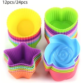 Resim Yeniden kullanılabilir silikon cupcake kalıpları - yapışmaz, kolay temizleme pişirme kupları muffinler, pastalar ve daha fazlası için - 4 şekil (yuvarlak, yıldız, kalp, çiçek) - canlı renklerde 12/24 adet, muffin kalıpları|dekoratif pişirme kupları|yapışmaz silikon 