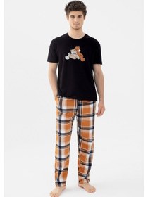 Resim Koza İç Giyim Erkek Kısa Kollu Pamuklu Ekose Desenli Ayıcık Baskılı Pijama Takımı Ko60101 Turuncu 
