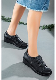 Resim Dilimler Ayakkabı Cırtlı Cilt Siyah Kadın Dolgu Taban Günlük Ayakkabı-2211-Siyah 