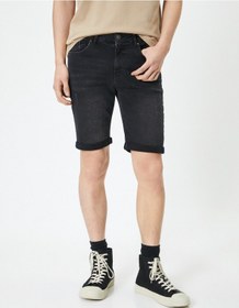Resim Koton Yırtık Kot Şort Bermuda Slim Fit Katlı Paça Düğmeli Siyah 4sam40314nd Siyah 