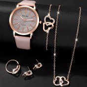 Resim 6 adet Set Rahat Yıldızlı Gökyüzü Yuvarlak Kuvars Saat ile Zarif Kalp Kolye Bileklik, Kolye, Küpeler, Yüzük Kombosu, Suni PU Suni Deri Bant, Çinko Alaşım Kasa ve Dial, Düğme Pil, Hayır, Moda Hediyesi için Ona Sevgililer Günü, Ramazan, Doğum Günleri, Düğünler 
