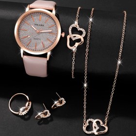 Resim 6 adet Set Rahat Yıldızlı Gökyüzü Yuvarlak Kuvars Saat ile Zarif Kalp Kolye Bileklik, Kolye, Küpeler, Yüzük Kombosu, Suni PU Suni Deri Bant, Çinko Alaşım Kasa ve Dial, Düğme Pil, Hayır, Moda Hediyesi için Ona Sevgililer Günü, Ramazan, Doğum Günleri, Düğünler 