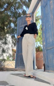 Resim Siyah Çizgili Keten Rahat Kesim Kadın Pantolon - L-XL / Siyah & Beyaz 