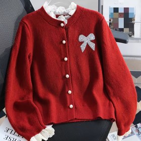 Resim Sonbahar ve Kış Yeni Kadın Modası Kontrast Dantel Detaylı Fiyonklu Hırka, Kazak Ceket, Şık Dış Giyim, Zarif Örgü Tasarım, Mevsimsel Gardırop, Premium Örgü, Düğmeli Hırka, Ofis Stili 