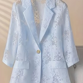 Resim Kadınlar İçin Hafif 3/4 Kollu Yarı Şeffaf Ceket - Zarif Bol Kesim Düğmeli Önü Açık Kardigan, Makinede Yıkanabilir İlkbahar Yaz Sonbahar Ofis Günlük Giyim, Narin Çiçek Deseni 
