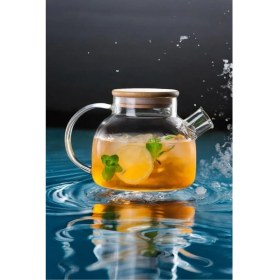 Resim Mediterian Bambu Kapaklı 1000 ml Şeffaf Cam Çay Demliği, Isıya Dayanıklı ve Şık Tasarım 
