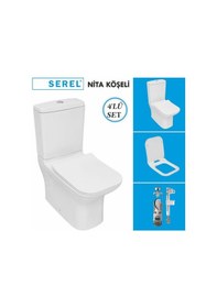 Resim Serel Nita Köşeli Duvara Sıfır Klozet + Rezervuar + İç Takım + Zenith Slim Yavaş Kapanan Kapak 4'lü Set Beyaz 