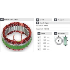 Resim 12v Alternatör Statör Hıtachı Tipi 75 A 3 Uçlu Opel Combo 1.7 N11.426 