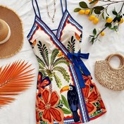 Resim Bayanlar için şık tatil baskılı elbise, renkli boho tarzı kadın plaj kıyafeti, parlak geometrik hayvan deseni, yazlık ve plaj aksesuarları 