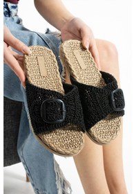 Resim Siyah Örgü Tokalı Kadın Terlik Kaymaz Taban Havuz Deniz Plaj Terliği Siyah 