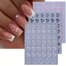 Resim 3'lü Sevgililer Günü Kalp Tırnak Sanatı Stickerları - Siyah, Beyaz & Pembe, Zarif Manikürler için Kendinden Yapışkanlı Süslemeler, Parlak Bitişli Tek Kullanımlık Plastik Çıkartmalar, Tırnak Sanatı Süsleri 