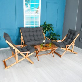 Resim Reyo Bysay Ahşap Katlanabilir Taşinir Puf Minderli Kollu Şezlong Plaj Bahçe Teras Balkon Sandalyesi Koltuğu Takimi 4 Lü Set Antrasit 