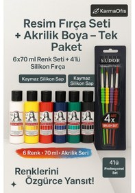 Resim Silikon Saplı 4 Lü Fırça Seti + Akrilik Boya Seti 6 70 Ml Resim Ve Hobi Boyama Seti Çok Renkli 
