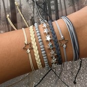Resim 7 Parça Kadın Moda Örgülü Bilezik Seti, Bohem Beş Noktalı Yıldız Süslemeli Ayarlanabilir El Yapımı İp Bileklikler, Üst Üste Takılabilen Bileklikler, Parti Tatil Takı Aksesuarları, Arkadaşlık Hediyesi 