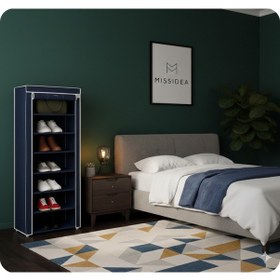 Resim Missidea 7 Raflı Bez Dolap Metal Profilli Portatif Ayakkabılık Lacivert 