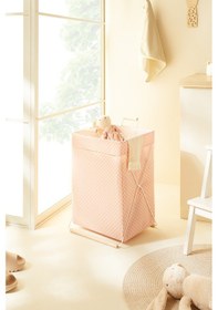 Resim Ocean Home Textile Katlanabilir Metal Destekli Beyaz Renk Pembe Dama Desen Çamaşır Sepeti 36 X 33 X 60 Cm Pembe 