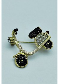 Resim Kristal Taşlı Scooter Tasarımlı Broş Altın Renk Şık Retro Motor Figürlü Aksesuar Siyah 