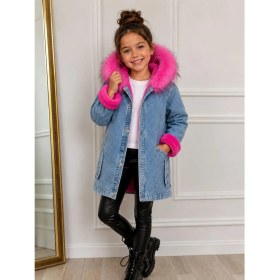 Resim Burçak Butik Kız Çocuk Kapüşonlu Içi Peluş Kürklü Kot Mont Kaban - Kışlık 