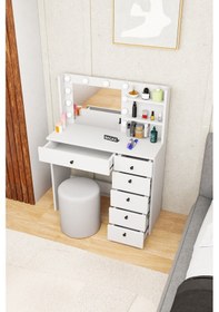 Resim Led Spotlu, Aydınlatmalı Aynalı Dolaplı Makyaj Masası, Çok Çekmeceli & Raflı, Depolama Alanlı Beyaz 