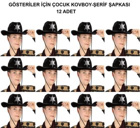 Resim Nessiworld Kovboy Şerif Şapkası Siyah 12 Adet - Kostüm, Parti ve Gösteri Şapkası 
