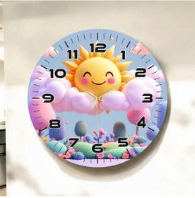 Resim Renkli Baskı Güneş Bulut Çocuk Desenli Sayılı Hediyelik Ahşap Sessiz Duvar Saati 50cm ÇOk Renkli 