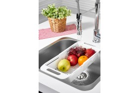 Resim Sürgülü Ayarlanabilir Pratik Lavabo Süzgeci, Uzun Kısa Ayarlı Evye, Meyve Sebze Salata Yıkama 
