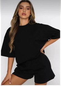Resim LAND MODA Pusula Baskılı Siyah Şort Beyaz Tişört Alt Üst Eşofman Takımı Oversize Bisiklet Yaka 