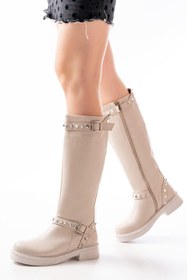 Resim Mida Shoes 02-307 Bej Düz Topuklu Günlük Binici Çizme 