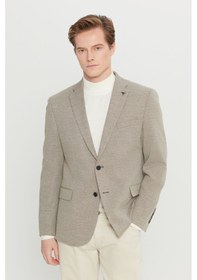 Resim Premıum Altınyıldız Erkek Bej Yünlü Regular Fit Mono Yaka Kapak Cepli Armürlü Blazer Ceket 