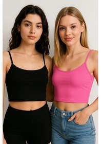 Resim Kadın 2'li Paket Pembe Siyah Kısa Crop İp Askılı Krop Bluz Büstiyer Çok Renkli 