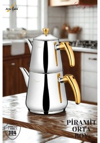 Resim Piramit Orta Boy Bakalit Kulplu Çaydanlık Takımı - Altın Altın 
