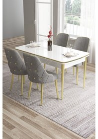 Resim Canisa Tia Serisi Mdf 80x132 Açılabilir Beyaz Gold Detay Yemek Masası Takımı Ve 4 Gri Sandalye Masa Beyaz Sandalye Gri 