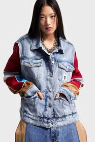 Resim Kadın Tint Kırmızı Renk Çift Parça Kumaş Oversize Özel Tasarım Denim Ceket - Tint / S 