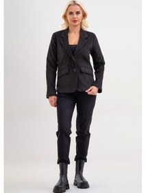 Resim Bold & Young Kadın Baskılı Kadife Blazer Ceket Likralı Pamuklu Kumaş, Astarlı, Çift Cepli Siyah Desenli 