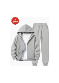 Resim Fyk Kids 3 İplik Kışlık Şardonlu Düz Baskısız Fermuarlı Kapüşonlu Erkek Çocuk Eşofman Takımı Gri 