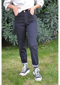 Resim Likralı Denim Kumaş Kar Siyah Mom Jeans Siyah 