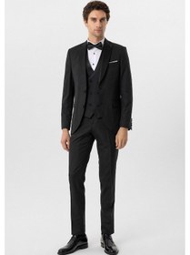 Resim Süvari Siyah Slim Fit Armürlü Sivri Yaka 6 Drop Smokin & Damatlık 