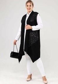 Resim Kadin Buyuk Beden Pulpayetli Siyah Yelek Uzun - siyah / 2XL 